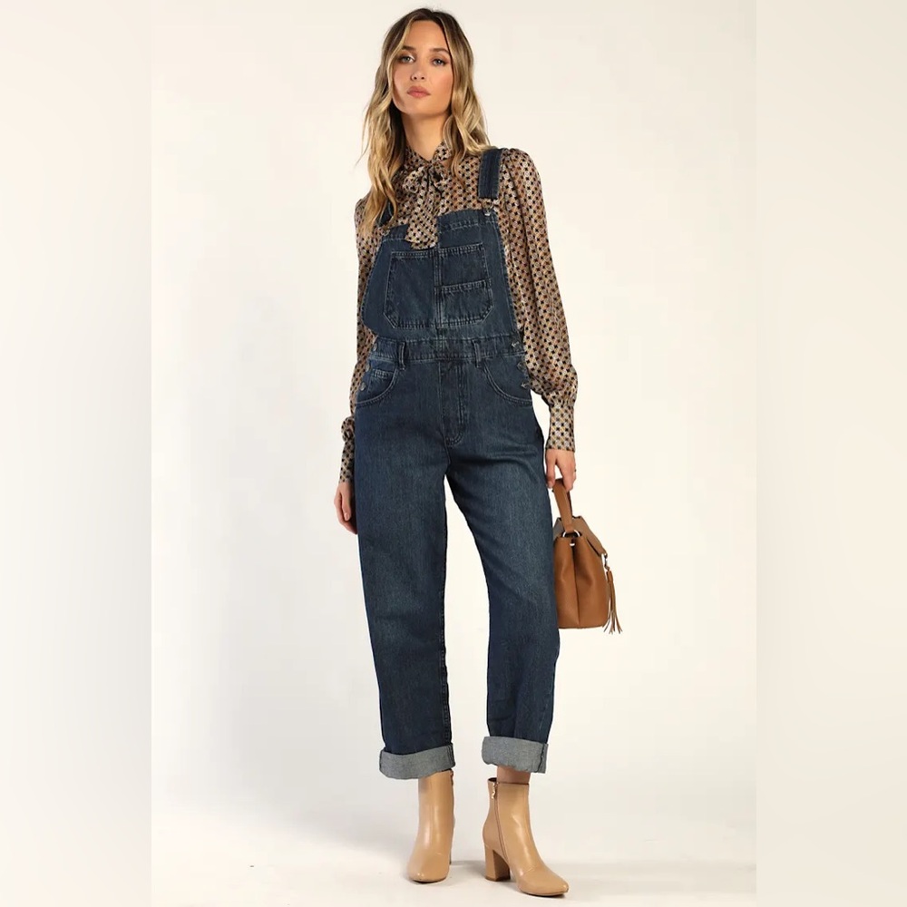 Free People Ziggy Overalls - Dark Wash Denim - LARGE